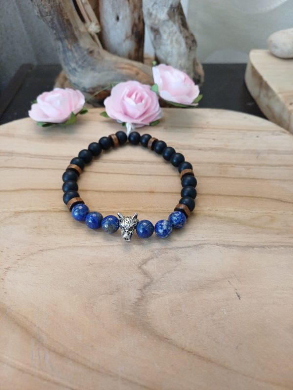Bracelet homme en Lapis lazuli - tête de loup
